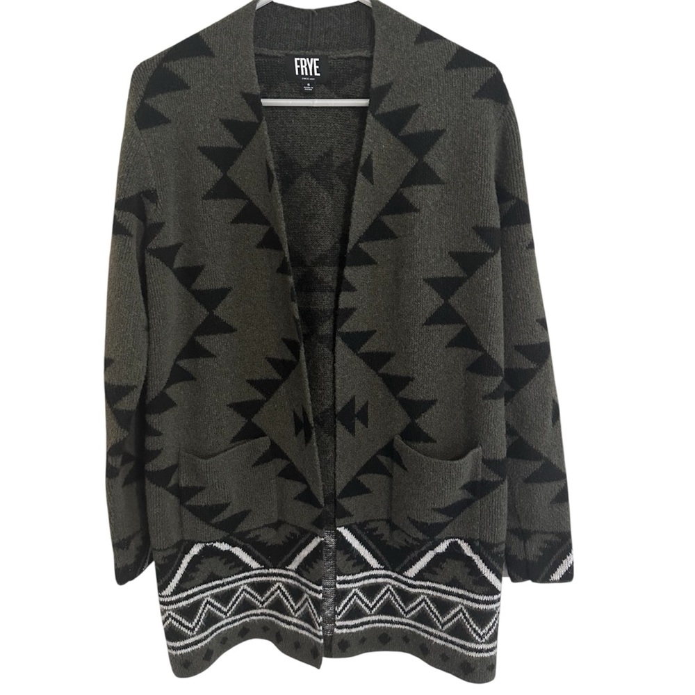 Frye Green & Black Tribal Print Open Front Cardigan Pockets Size Small